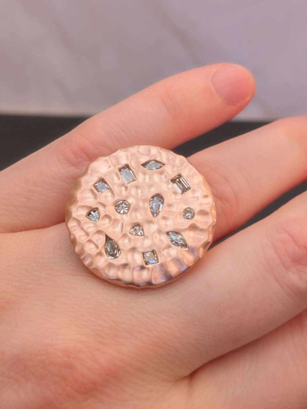 Sterling Silver Hammered Disc Ring with Mixed-Cut CZ — Rose Finish, Size 6